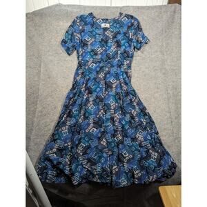 Peruvian Connection Vintage Medium Blue Pattern Button Front Midi Dress